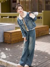 新中式羽绒牛仔时尚套装女2024冬季爆款小个子连帽休闲卫衣三件套，女装套装/套裙，欣品汇