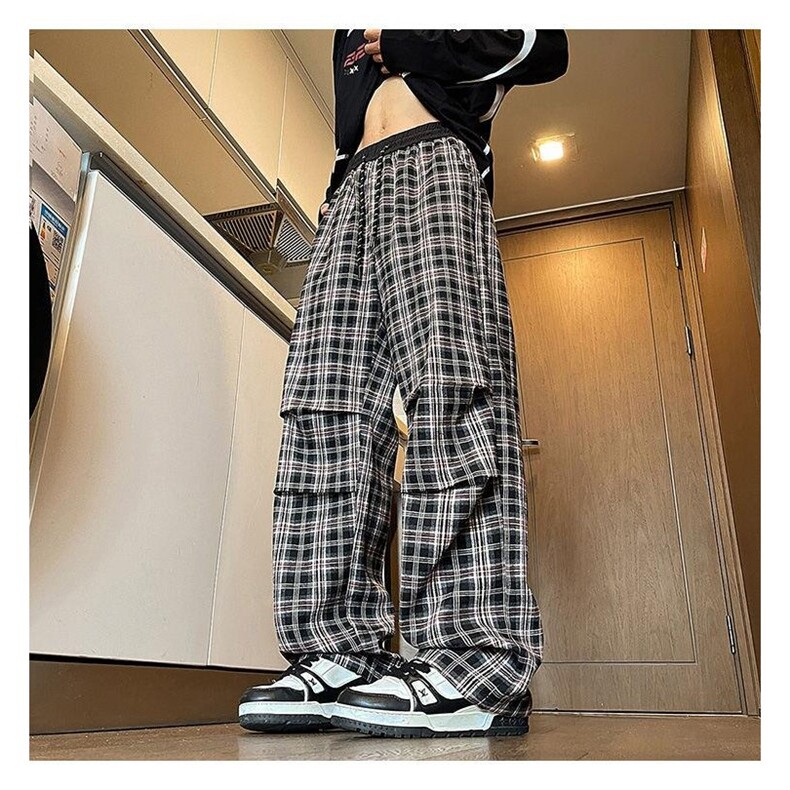 褶皱格子裤男秋季韩系穿搭慵懒松弛感裤子宽松直筒阔腿休闲裤长裤，女装休闲裤，星座1210-1