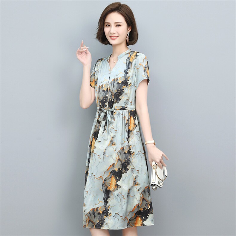 2022夏季新款复古印花雪纺连衣裙优雅显瘦V领短袖长裙,女装连衣裙,依恋蒂丝
