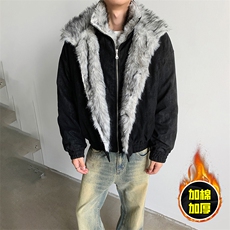 现货高品质美式高街重磅狼王座山雕毛毛领假两件棉衣加厚棉服外套，男装棉衣，电商A486