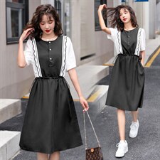 2022年夏季简约时尚铜氨丝拼接显瘦中长连衣裙，女装连衣裙，韩蜜菓