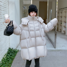韩系米白色连帽泡芙羽绒服女冬超火好看高级小众保暖加厚中长外套，女装羽绒服，2B076