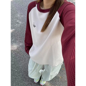 高品 春秋撞色插肩拼接华夫格T恤男女休闲圆领宽松上衣 A1290-P55图片