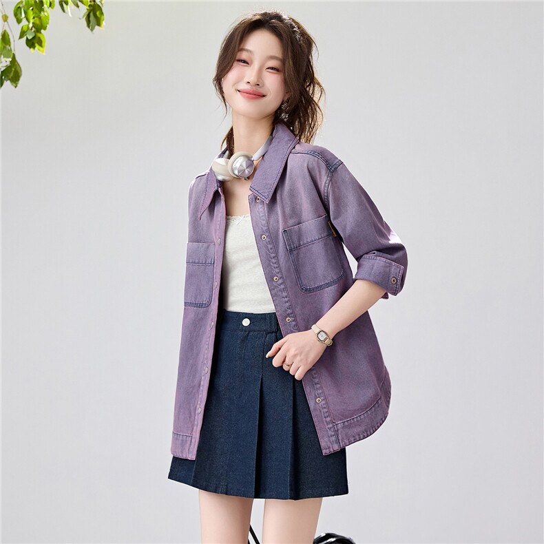2026春季新款紫色渐变牛仔衬衫女设计感小众纯棉上衣休闲宽松外套,女装衬衫,艾米