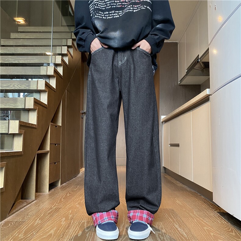 2025秋季新款潮流美式格子卷边宽松牛仔裤B315-K110-特p40控78,男装牛仔裤,电商B315