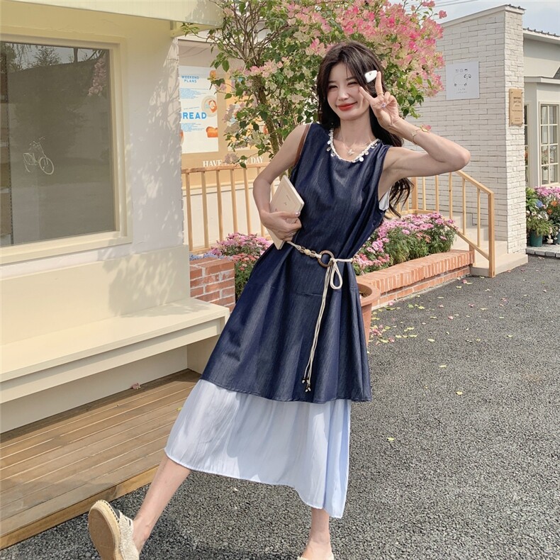 法式亮片拼接无袖假两件背心裙女2025夏季新款设计感小众连衣裙潮,女装连衣裙,2C232