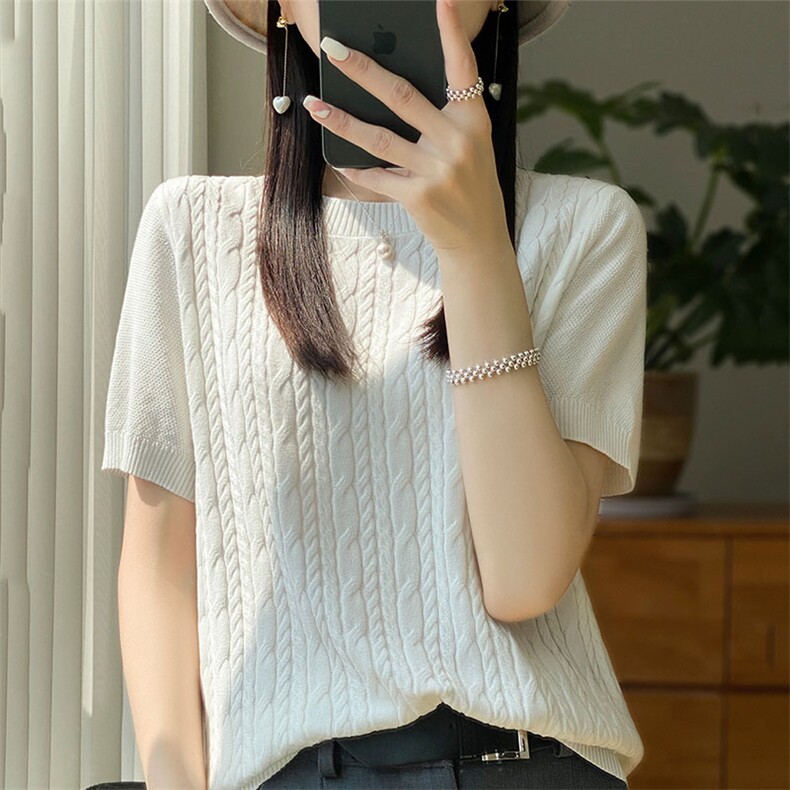 冰丝短袖t恤女夏季薄款新款宽松麻花内百搭针织打底衫女半袖上衣,针织衫/毛衣,萱芳婷羊绒