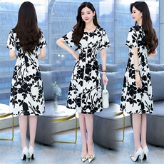 雪纺连衣裙女夏季2023新款网红爆款修身显瘦高端精致水墨印花裙子，女装连衣裙，时尚俏佳人