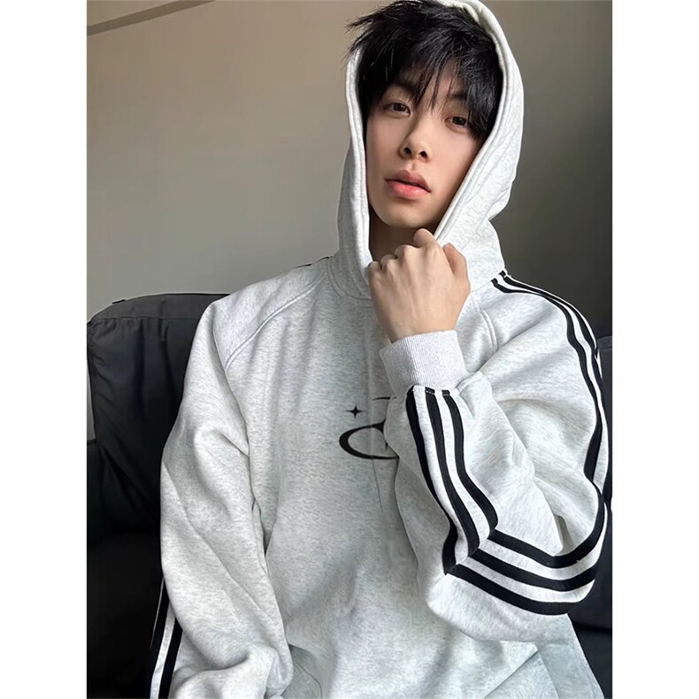 抖音得物品质480克全棉加绒织带连帽印花卫衣三条杠针织卫衣A0601,男装卫衣,电商A443