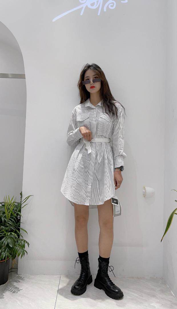 汪尚春2022春装设计师系列设计师款气眼腰带衬衫式连衣裙，女装衬衫，SHANGCHUN·W 汪尚春