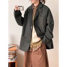 日系复古细格纹西服男港风宽松休闲小西装夹克外套，男装西服，星座716-2