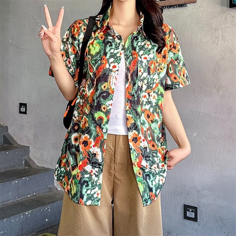 2025新款短袖花衬衫女日系复古港味风夏威夷夏季衬衣CS125/P30，女装衬衫，星座506