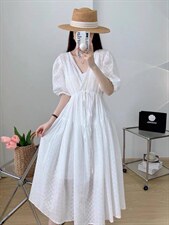 夏季新款初恋气质V领洋气抽绳设计连衣裙，女装连衣裙，L·H·X