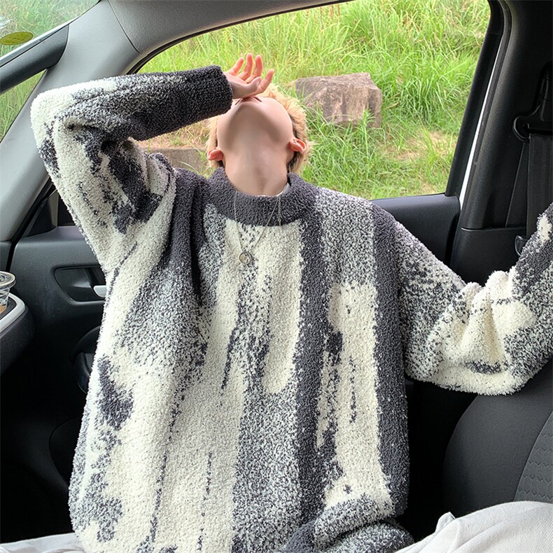 美式慵懒风不规则竖条纹高级感圆领毛衣男女针织衫-控88，男装针织衫/毛衣，星座310A-3