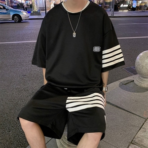 夏季新款潮流个性时尚三条杠休闲短袖套装男宽松大码运动情侣款图片