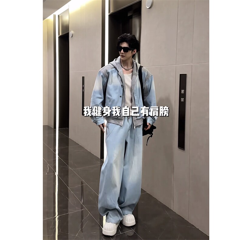 2026春款潮流牛仔拼接连帽夹克套装男W366-P153K366-P92(网图）,男装夹克,电商B267