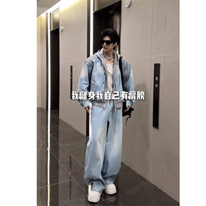 2026春款潮流牛仔拼接连帽夹克套装男W366-P153 K366-P92 (网图）图片