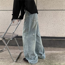 高腰常规美式复古牛仔裤宽松直筒百搭垂感微喇裤阔腿裤猫抓微破洞，男装休闲裤，星座1013