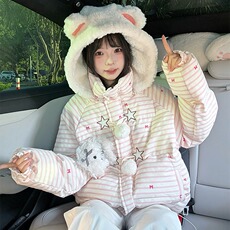 可爱条纹毛领连帽棉服外套女2025冬季新款保暖棉衣棉袄MF387-P102，男装棉衣，星座412-3