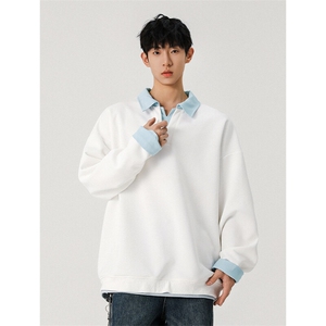 特批P36无差价2025假两件翻领卫衣男时尚潮流亨利领宽松上衣W5029图片