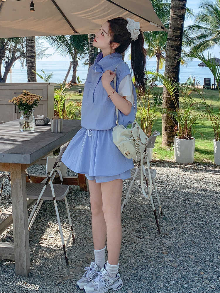 学院风休闲假两件立领上衣短裙裤两件套女2025夏季新款小个子套装，女装运动套装，浙宝285（原212）