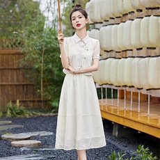 小香风提花刺绣套装裙女2024夏季新款短袖盘扣衬衫配半身裙两件套，女装套装/套裙，依如秀(原杭风阁)