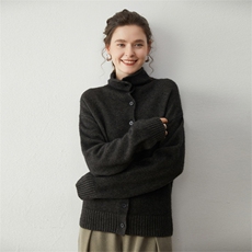 高级感老钱风100%山羊绒立领带扣开衫秋冬新款针织毛衣外套上衣女，女装羊绒衫，蒂暖羊绒