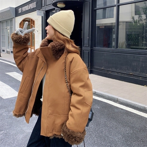 咖色立领短款派克棉服外套女冬超火好看加绒加厚皮毛一体工装夹克图片