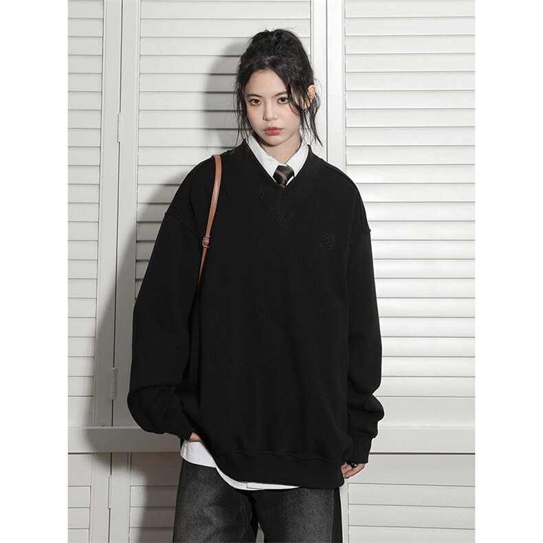 中性秋装新品美式设计感大V领重磅情侣卫衣外套上衣女D364P58,女装短外套,电商A335-1（原A458）