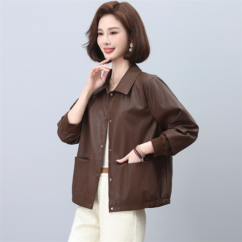 皮衣外套女2025春秋新款翻领休闲夹克,女装皮衣,忆绮罗