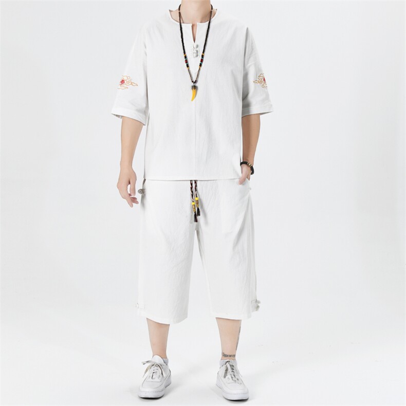 夏季棉麻刺绣套装男风男装盘扣复古圆领A266-1-TZ6987-P65,男装休闲套装,电商A266-1