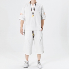 夏季棉麻刺绣套装男风男装盘扣复古圆领A266-1-TZ6987-P65，男装休闲套装，电商A266-1