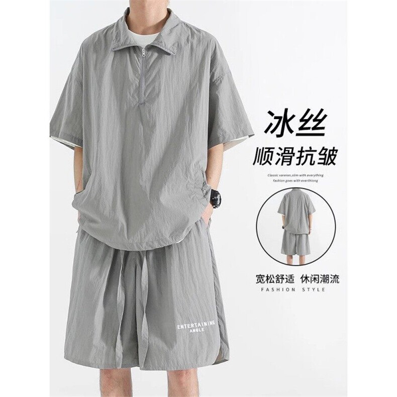 冰丝POLO领男士夏季薄款速干短袖短裤套装宽松篮球运动服TZ113p55,男装休闲套装,电商D315