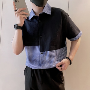 S84/P58控88 夏季小伙设计感小众不规则拼接格纹休闲衬衫男黑首1图片