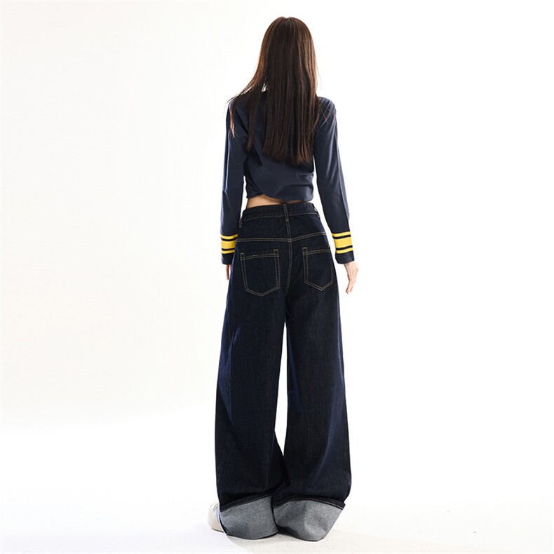 【裤口翻边设计】街头美式黑色牛仔裤男宽松阔腿长裤子YD9092-P70,男装牛仔裤,星座509