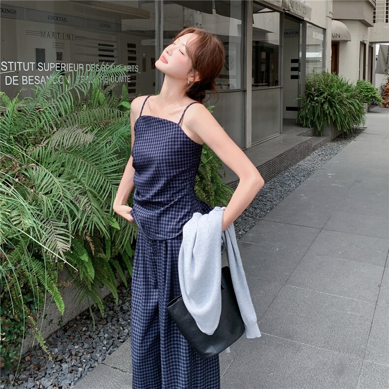 洋气时髦设计感复古格纹套装女2026春夏新款开衫吊带阔腿裤三件套,女装套装/套裙,艾米莉亚