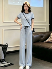 盐系穿搭休闲时尚运动套装女夏款圆领拼接短袖上衣阔腿长裤两件套，女装套装/套裙，江南