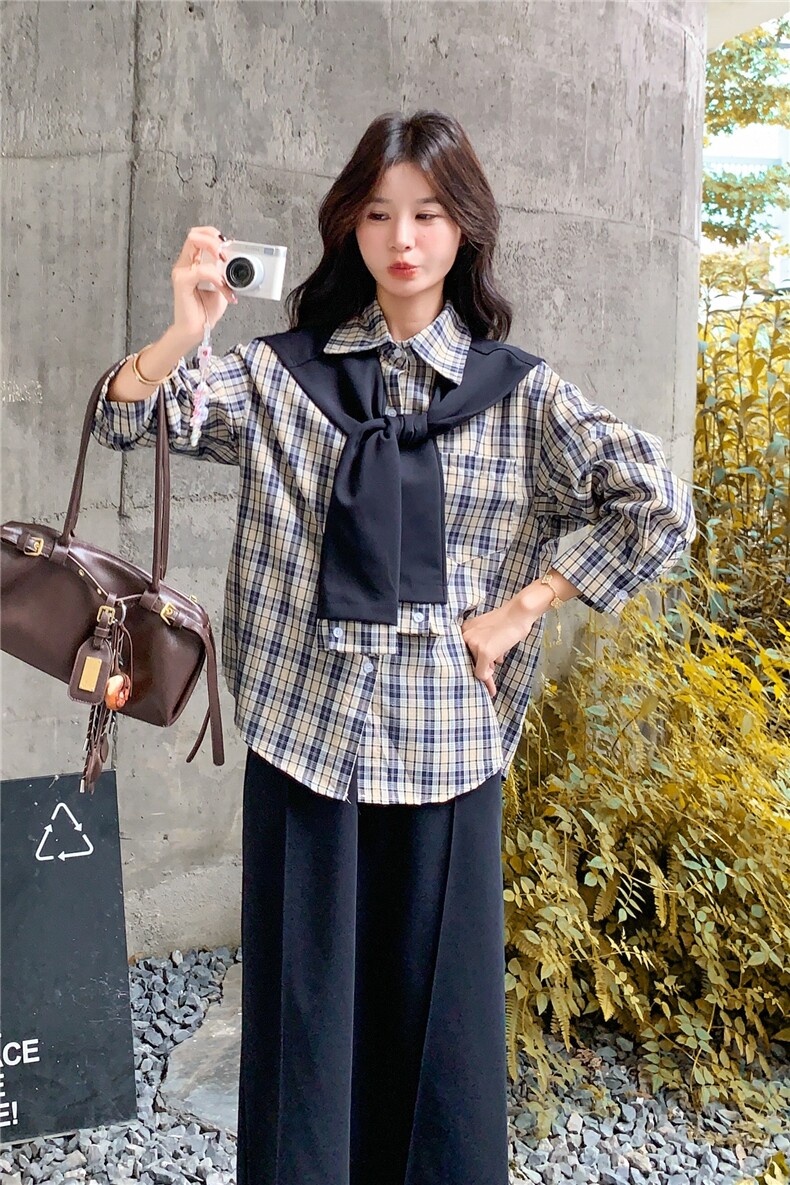 韩版气质格子衬衫半身裙套装女春秋松弛感两件套大方得体超火显瘦,女装套装/套裙,2C133