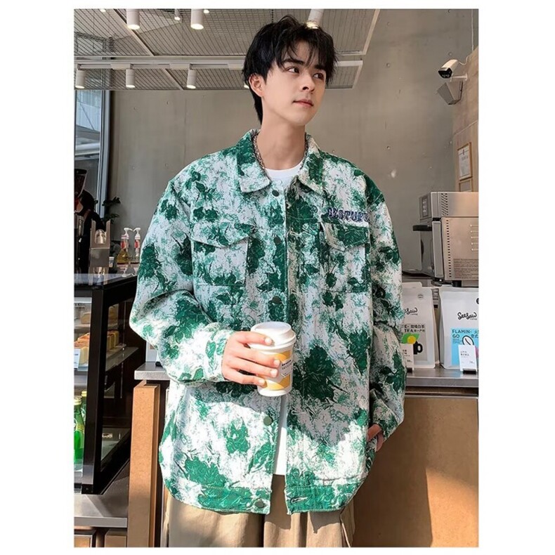 美式复古雪花刺绣牛仔夹克男宽松潮牌ins春秋vintage扎染外套上衣,男装夹克,星座1013