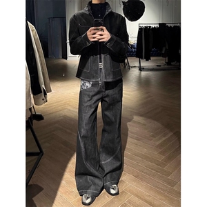 2025美式蛇迹A字原牛窄幅赤耳提花拼接微喇牛仔裤男女显瘦潮图片