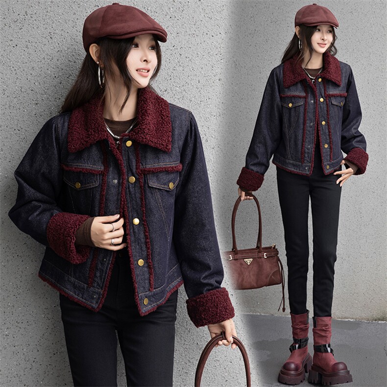 现货复古羊羔毛棉衣外套女2024冬新款韩版时髦加绒加厚牛仔棉服,女装牛仔外套,美拉德工厂直营店