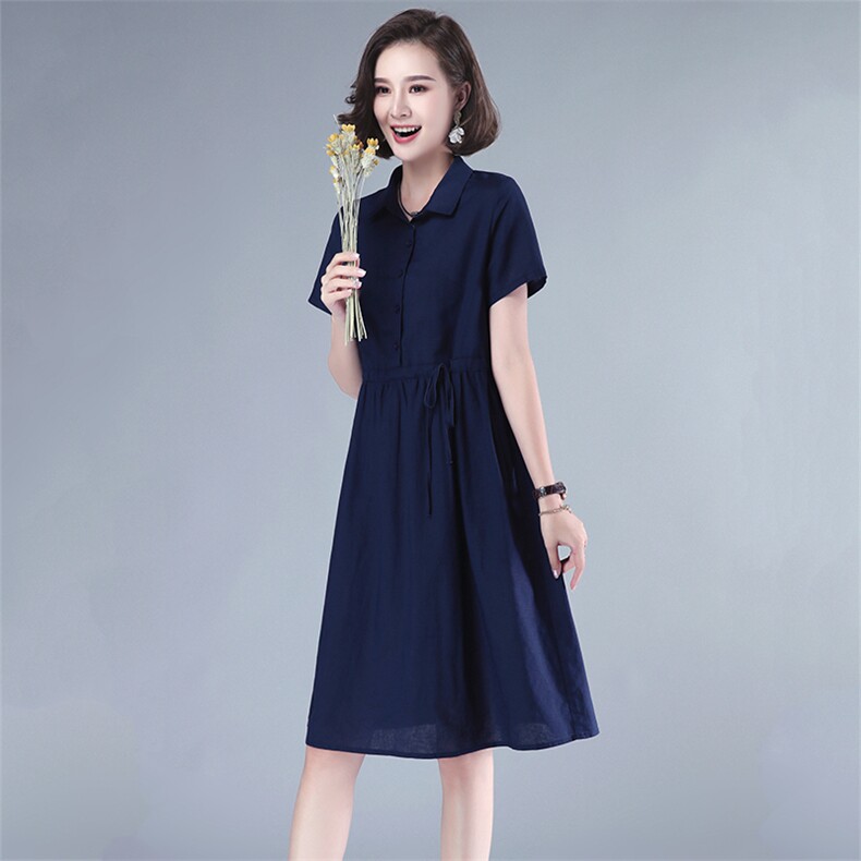 2021年夏季排扣中长款POLO领短袖纯色妈妈连衣裙纯棉韩版裙子,女装连衣裙,伊满意