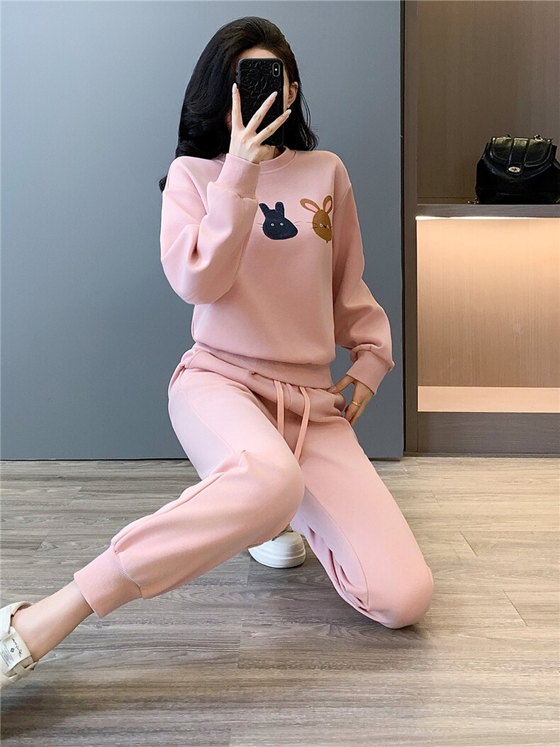 休闲运动套装女秋季新款宽松洋气粉色卡通印花卫衣束脚长裤两件套,女装套装/套裙,江南