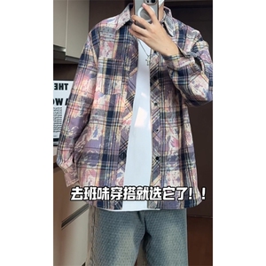 特批 25港风格子衬衫印染渐变宽松外套格子外套CS2498图片