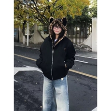 网图可爱兔耳朵棉衣豹纹内里连帽卫衣加绒外套A025-JY1593-P110，男装棉衣，电商A025