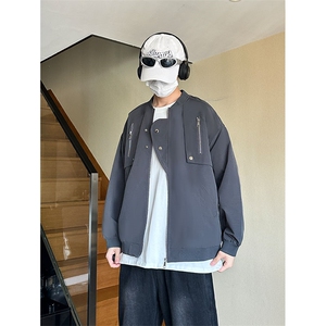 新款春秋纯色男棒球风夹克宽松圆领工装休闲夹克外套JK3212-P80图片