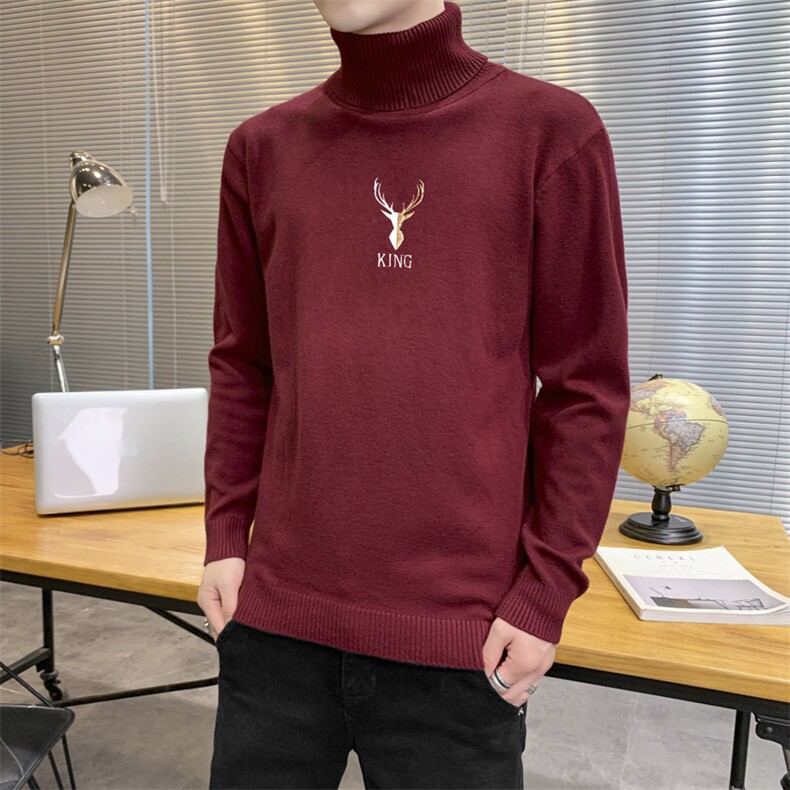 秋冬可翻高领毛衣男鹿头纯色长袖男刺绣毛衫打底针织衫米M255P33,男装针织衫/毛衣,星座1207