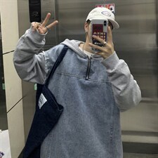 20秋冬 港风假两件卫衣拼牛仔连帽夹克外套休闲宽松中性 H201/P70图片