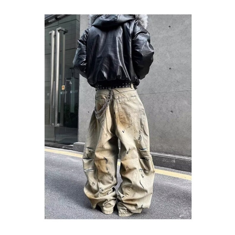 美式街头黄泥染脏洗阔腿弯刀牛仔裤男女水洗做旧小众宽松休闲裤潮,男装牛仔裤,星座506A