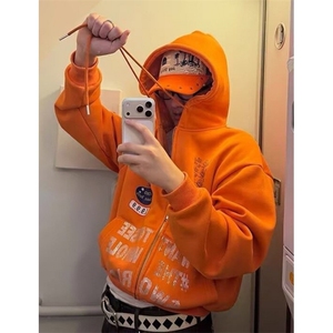 秋冬独特别致橙色连帽卫衣男高级银狐绒小众百搭长袖上衣 WT609图片